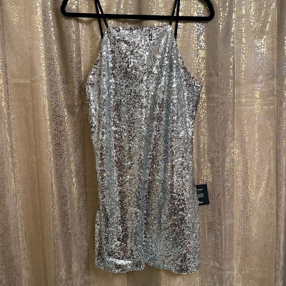 Lulus Silver Sequin High Neck Casmar Mini Dress, Large NWT